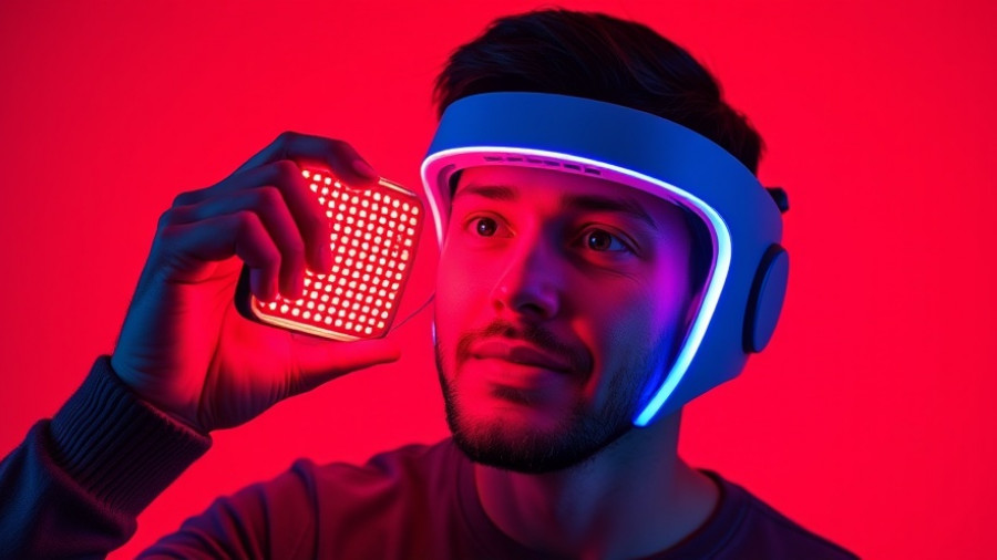 Man demonstrating red light therapy mask against red background.