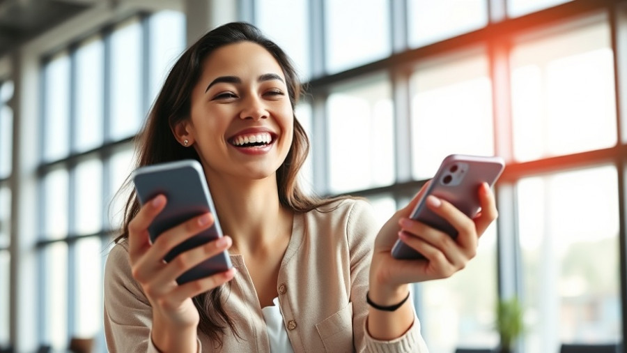 Smiling woman using smartphones for digital marketing in office.