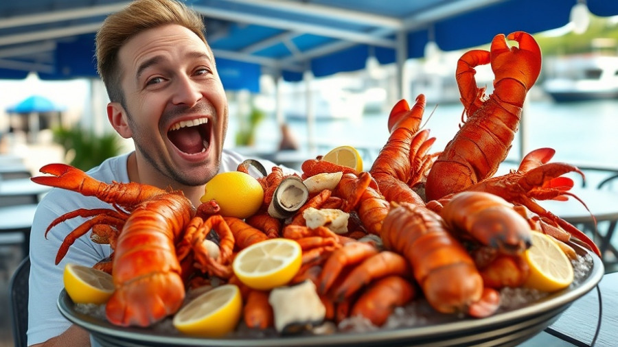Excited diner with oversized seafood platter at waterfront restaurant.