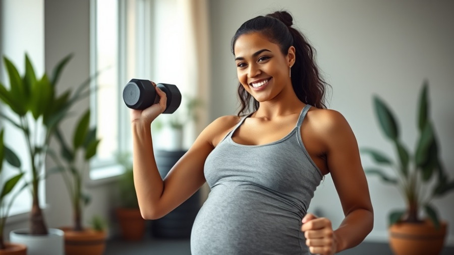 Safe exercise during pregnancy: pregnant woman exercising with a dumbbell, home setting.