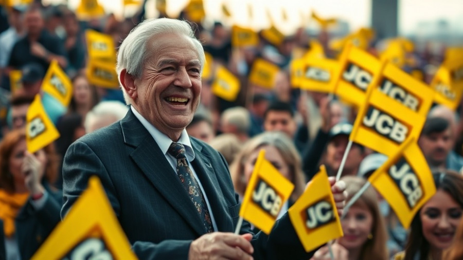 JCB 80th anniversary celebration with man and crowd interactions