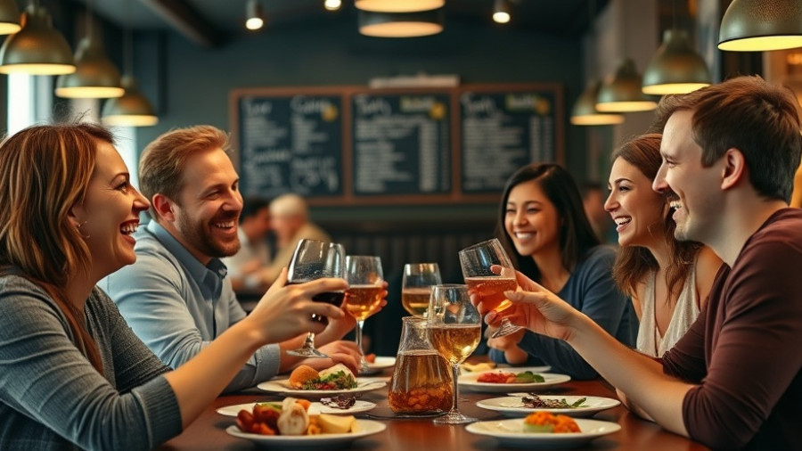 Friends dining joyfully, clinking glasses in a lively restaurant.
