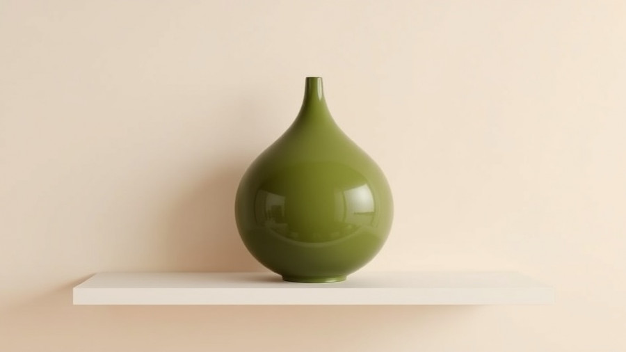 Olive green ceramic sculpture on minimalist shelf against beige background.
