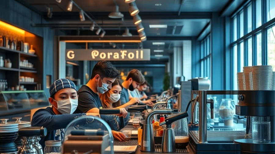 AI companies coffee shops, lively modern cafe scene with baristas preparing coffee.