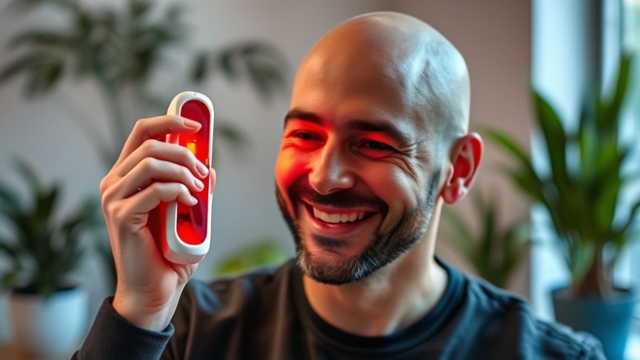 Bald man with red light therapy mask in bright indoor setting