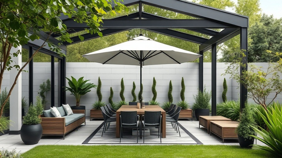Modern multipurpose garden rooms with seating and dining set in lush greenery.