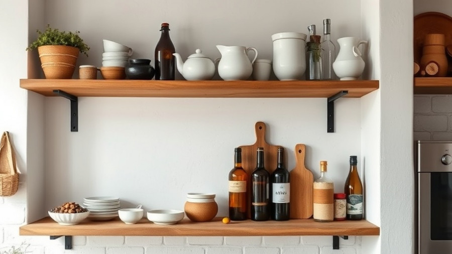 Minimalist rustic kitchen shelf with ceramics and bottles in soft light.