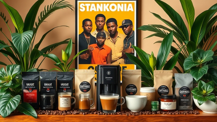 Stankonia Coffee products with plants and Outkast poster.