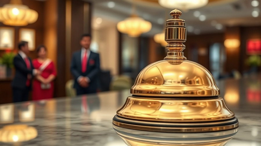Hotel reception bell foreground with blurred staff, Visual Matrix SOC 2 Certification logo above.
