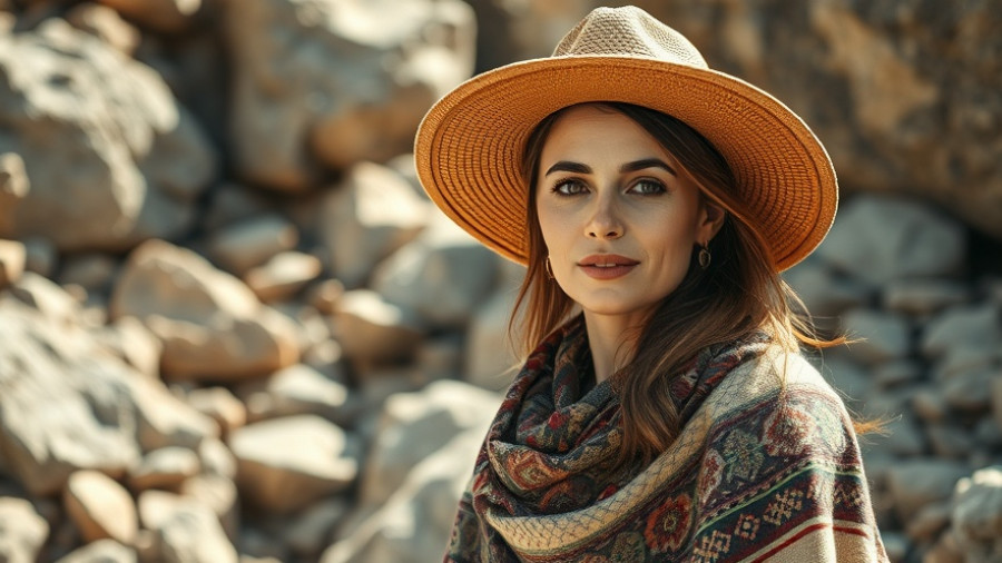 Woman in hat holding shawl in rocky area.