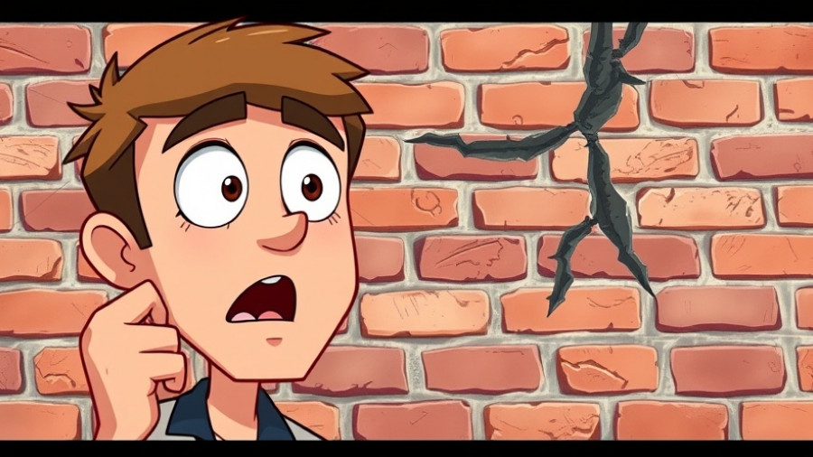 Surprised man highlights a large wall crack, ideal for wall stitching kits for crack repair.