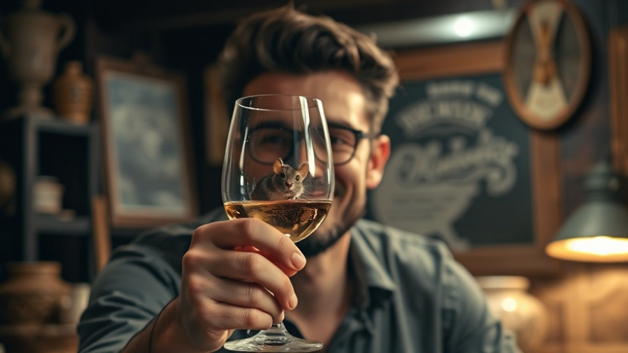 Man with wine glass and mouse in rustic setting, natural wine theme.