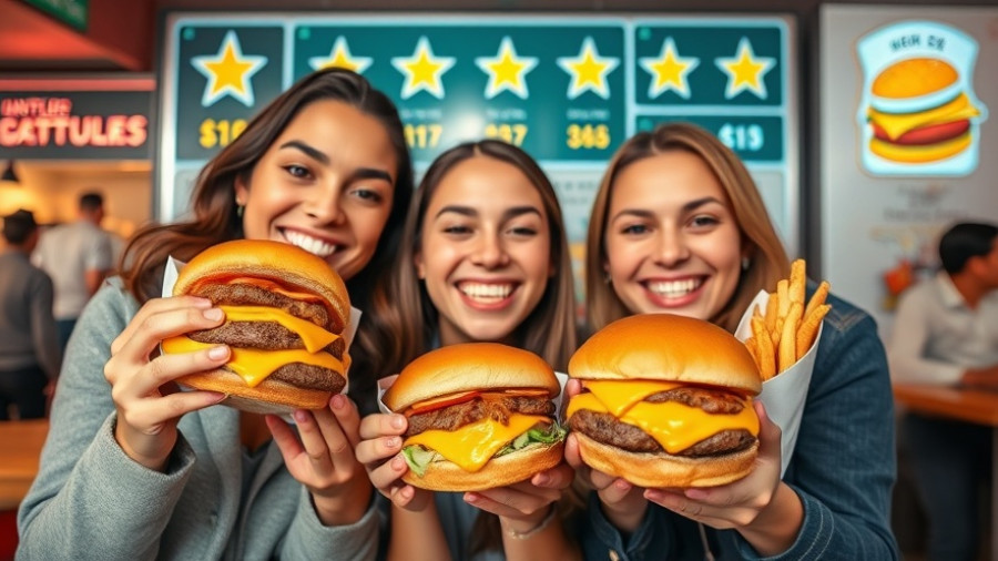 Best cheeseburgers in Los Angeles with happy individuals holding plates.