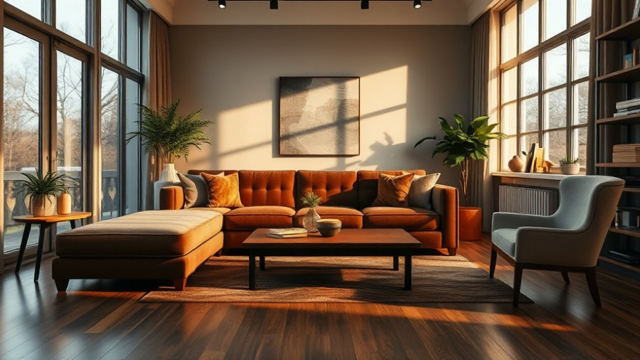 Cozy living room interior with sofa and large wall art.