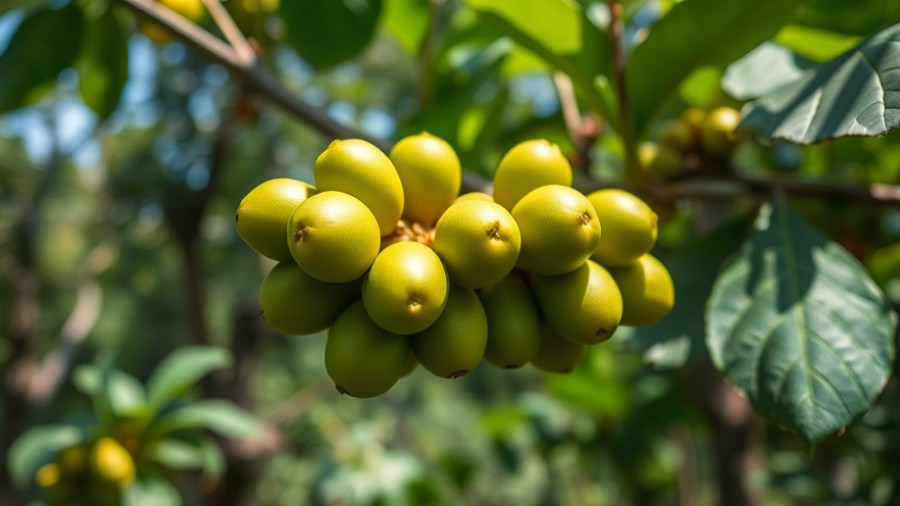 Unripe coffee beans on a branch in bright sunlight.