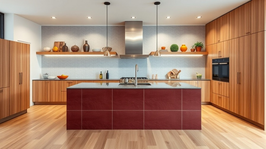 Modern kitchen with burgundy tile accents and wooden cabinets.