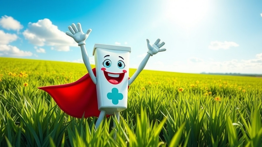 Animated toothpaste superhero in a field for National Brush Day 2025.