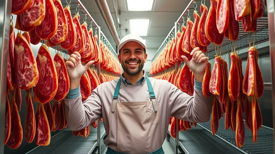 Authentic pastrami factory LA worker showcasing meat.