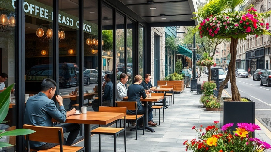 Modern coffee shop with glass facade and diverse patrons inside