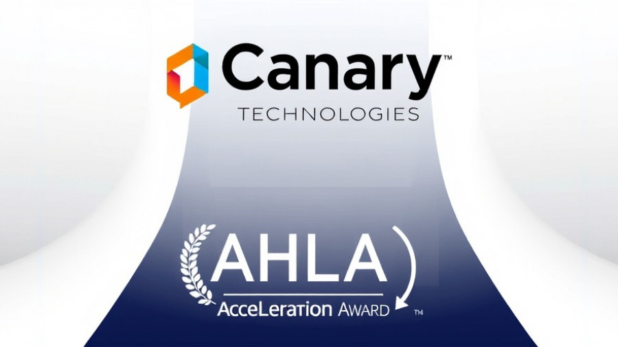 Canary Technologies wins AHLA Tech Acceleration Award graphic, AI in hospitality focus.