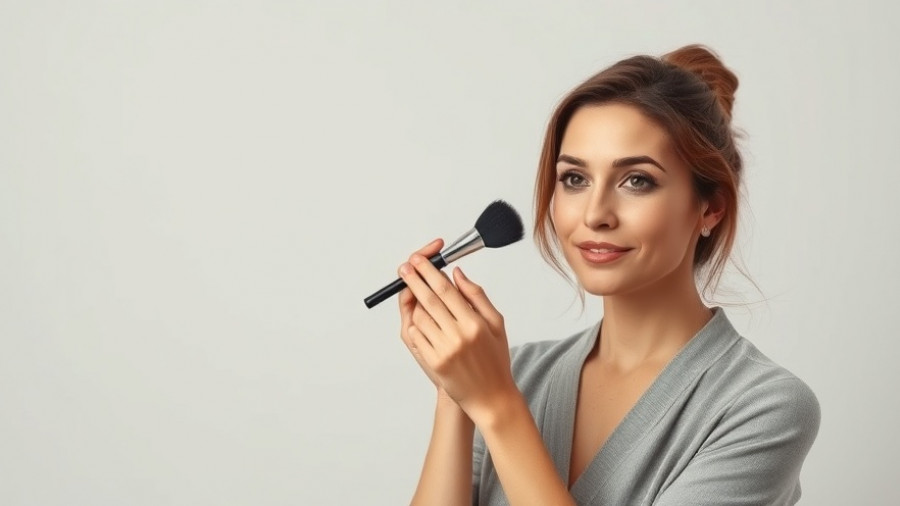 Woman demonstrating how to apply foundation flawlessly, neutral background.