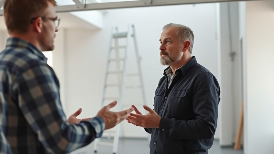 Construction worker discusses protective coatings for buildings on site.