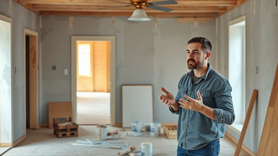 Man explaining interior painting process in under-construction home.