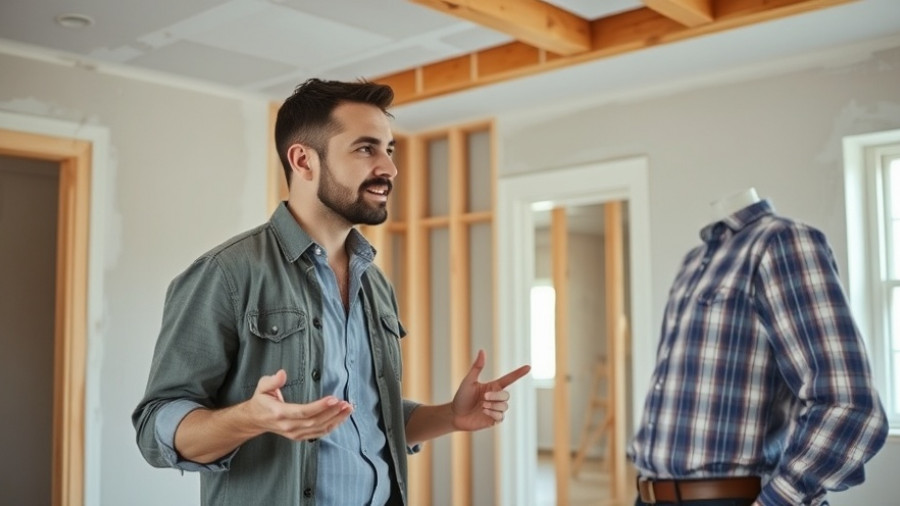 Man discussing interior paint application techniques in an unfinished room.