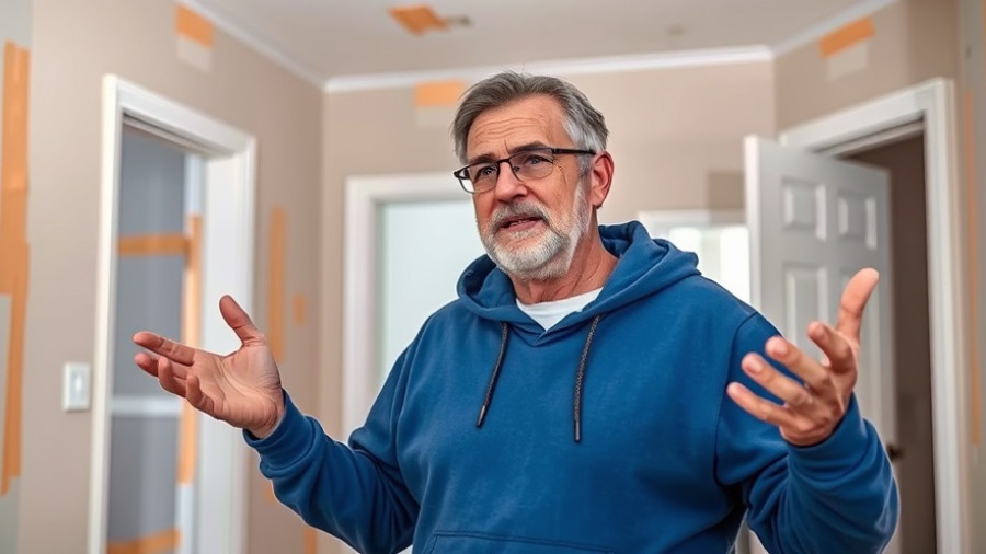 Man explaining room renovation with walls prepared for painting.