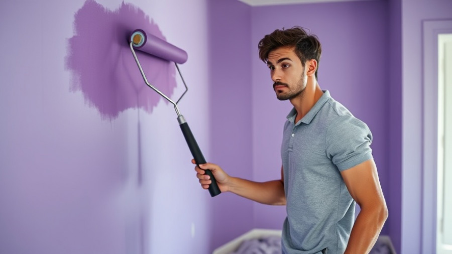 Young man in casual wear applying purple interior paint with a roller.