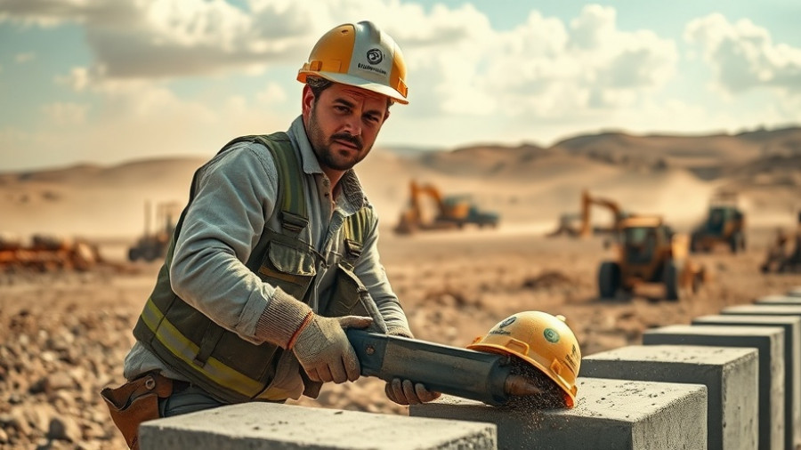 Worker demonstrating foundation construction methods by breaking concrete.