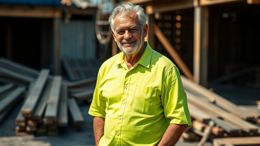 Neon green-shirted man smiling at construction site, foundation types.