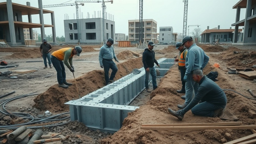 Workers setting up drainage for foundation construction on a cloudy day.