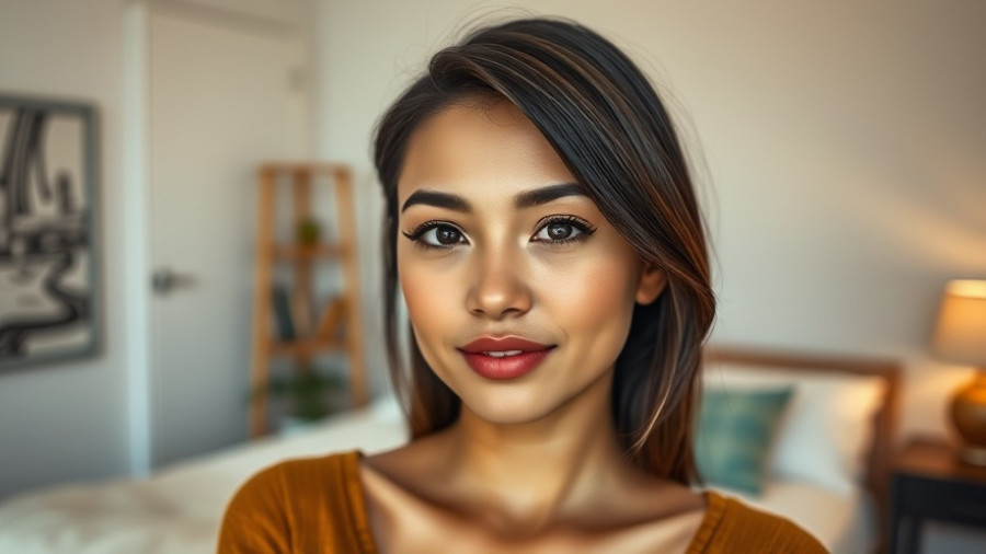Charming young woman showcasing best skincare products indoors.