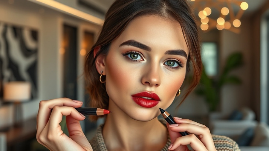 Young woman showcasing long-lasting lip liners in a modern setting.