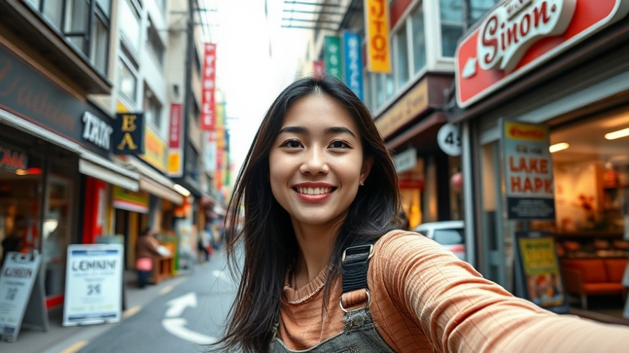 Exploring stores with Korean skincare products in city street.