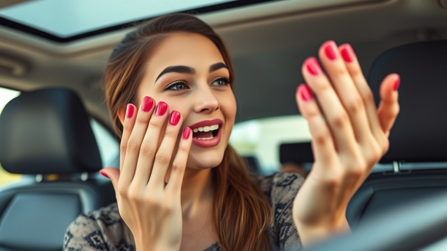 Young woman showcasing nail transformations in a car, vibrant scene.