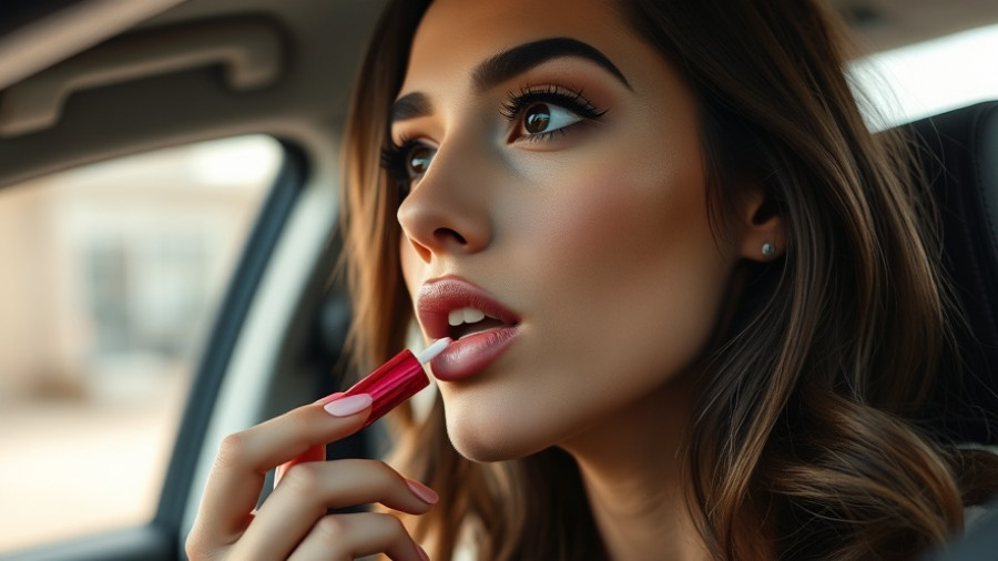Woman demonstrating makeup skincare routine by applying lip gloss inside a car.