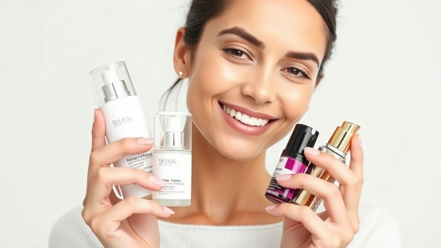 Skincare and makeup routine with smiling woman holding products.