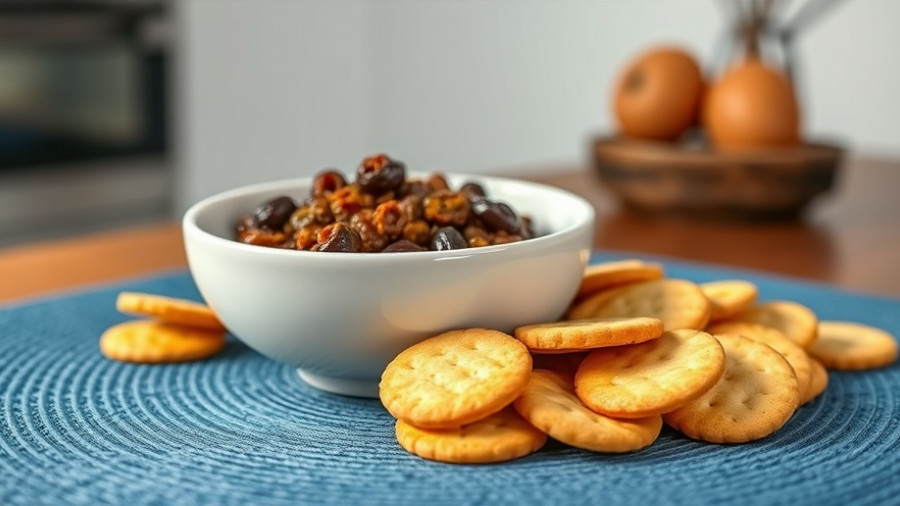 Keto diet friendly olive tapenade with crackers on a blue placemat.
