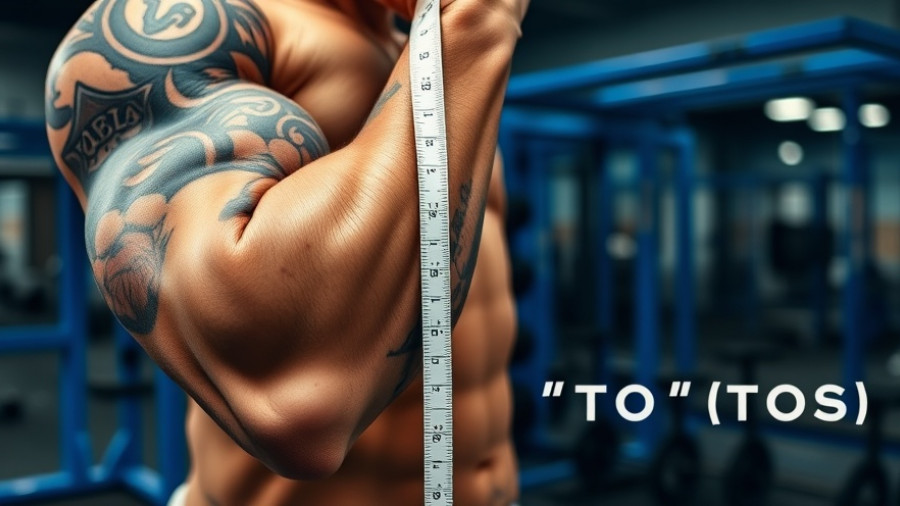 Muscular arm flexing with measuring tape in gym, weight loss workouts.