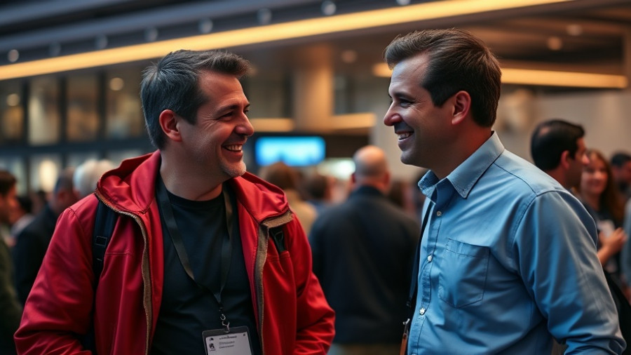 Casual indoor event with smiling men discussing, cinematic lighting.