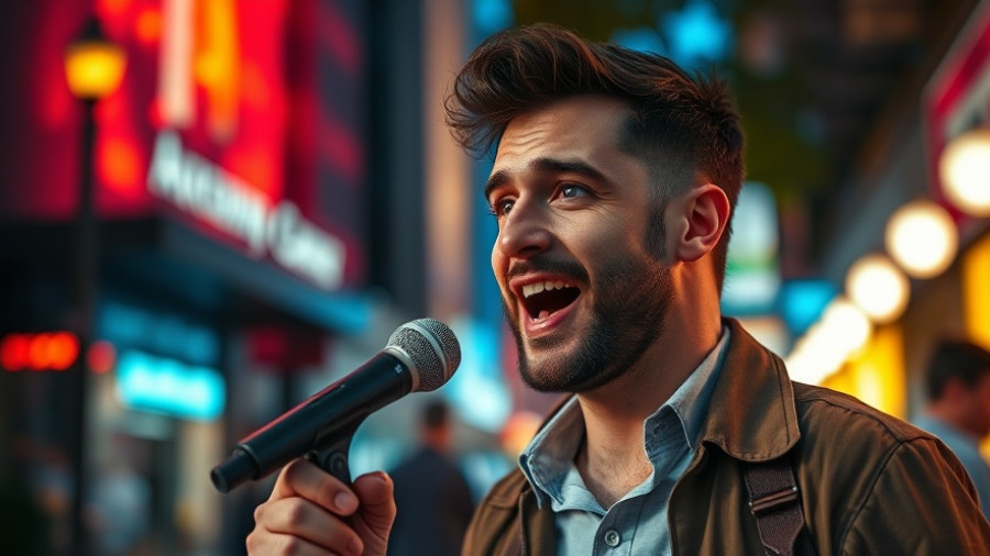 Enthusiastic man talking into a microphone in a vibrant urban setting.