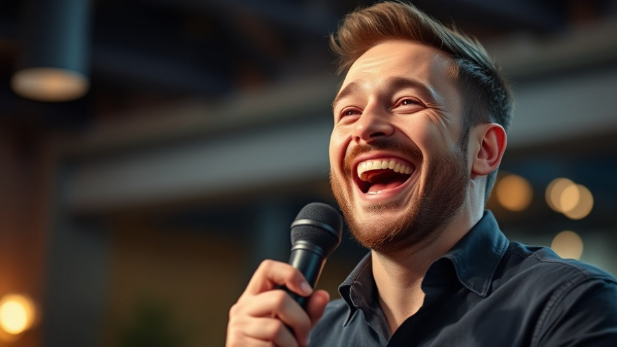 Cheerful man with microphone, vibrant indoor setting.