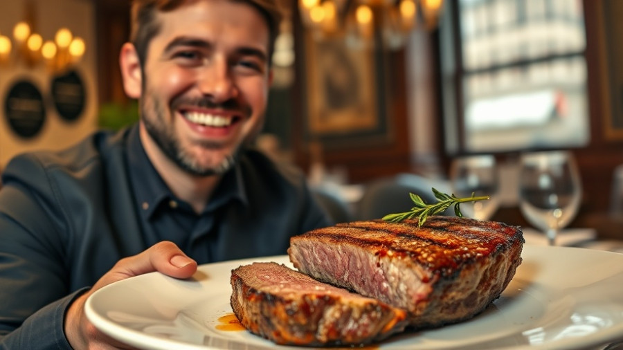 Best steak restaurant in London, juicy grilled steak, smiling man.