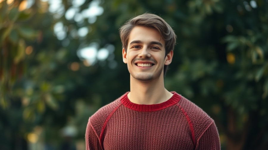Smiling young man outdoors near top dining spots, vibrant setting.