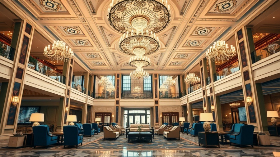 Luxurious business hotel lobby with grand chandeliers and seating.