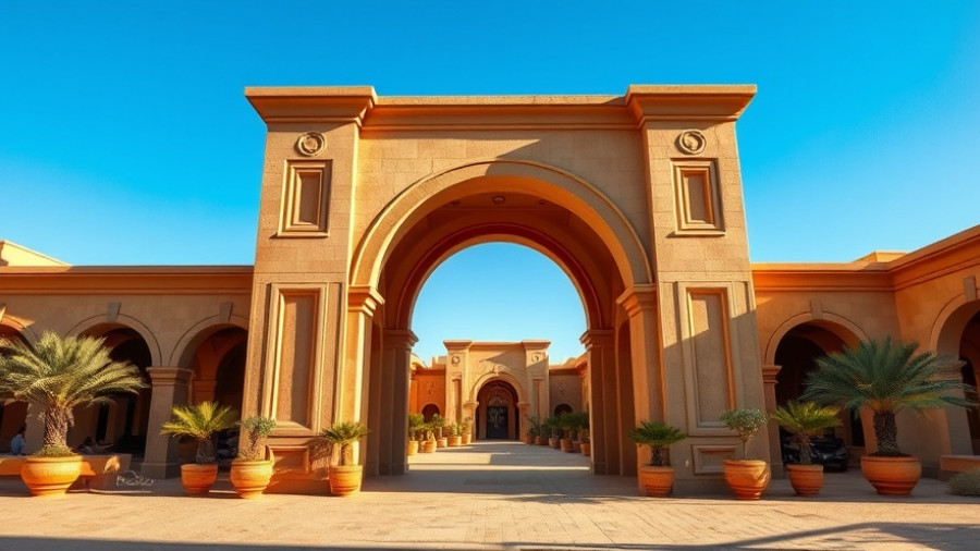 Ultra-luxury desert resort entrance with stunning archways and desert scenery.