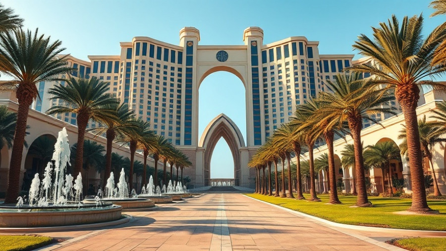 Business hotels with grand entrance and elegant fountains.