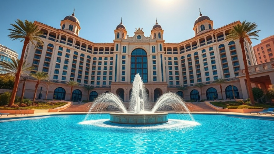 Luxurious business hotel exterior with tall towers and pool